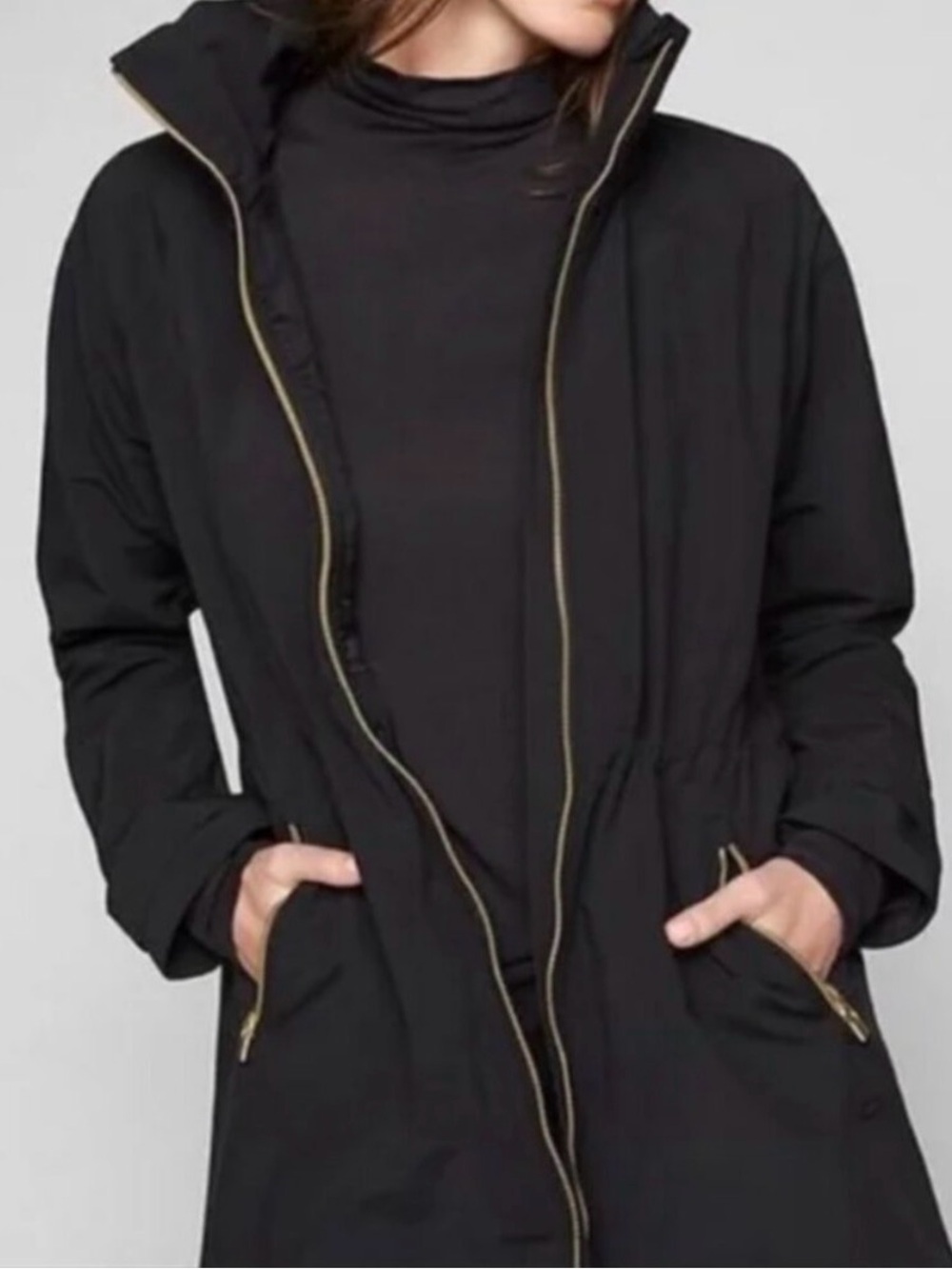 Athleta Black Hooded Trench Coat with Gold Zippers